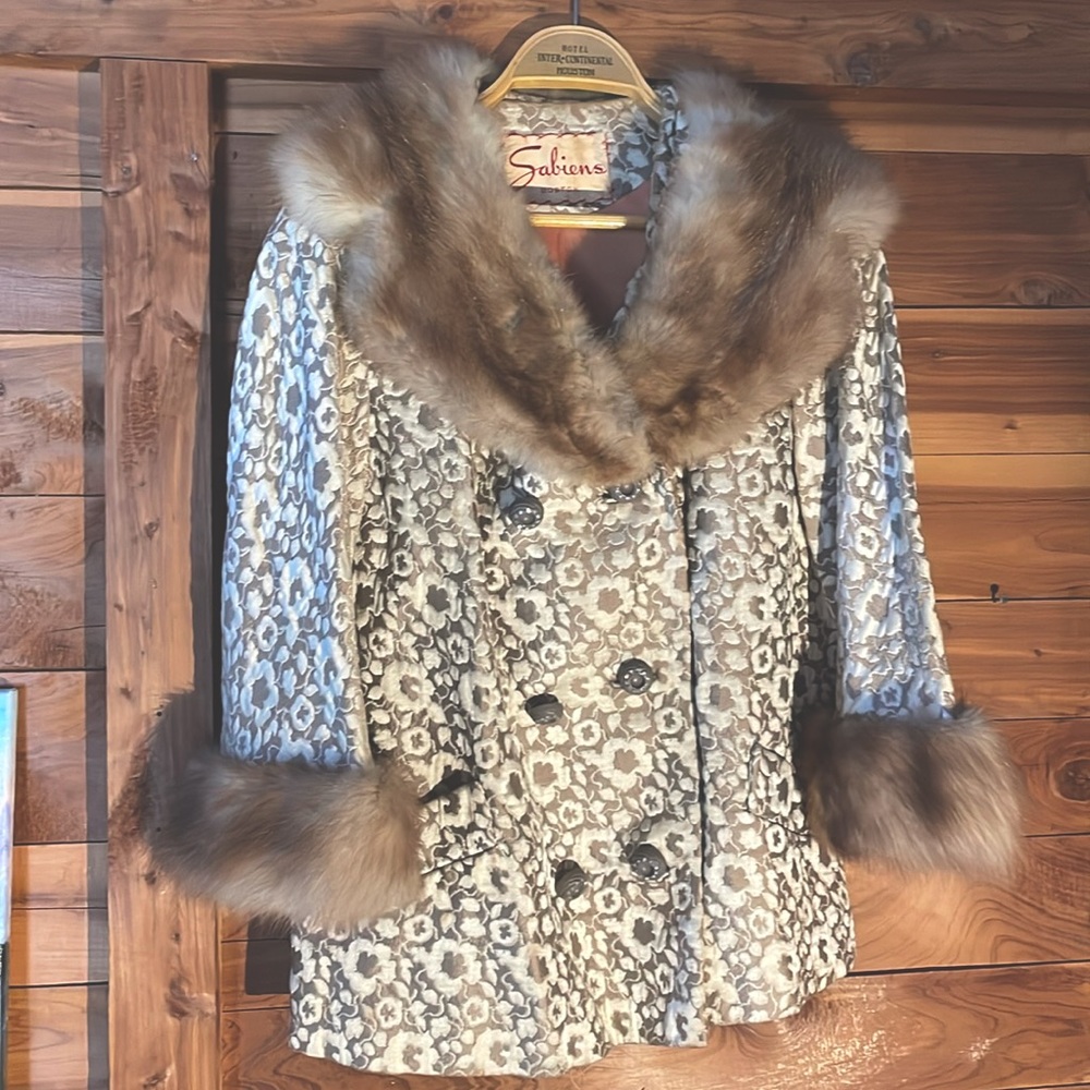 50s vintage brocade jacket - gold, fur, L